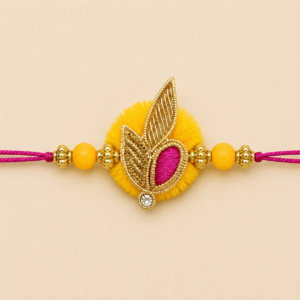 Sunny Blessings Yellow Leaf Pom Pom Bhai Rakhi