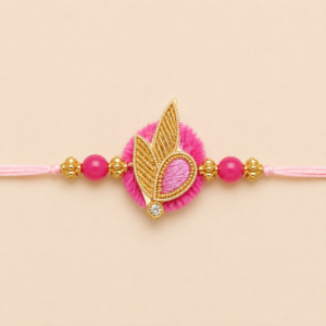 Pretty Promise Pink Leaf Pom Pom Bhai Rakhi