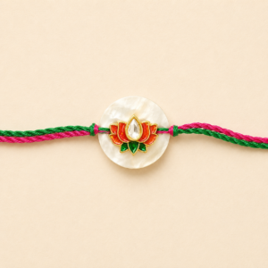 Sacred Love Red Green Lotus Pearl Disc Bhai Rakhi