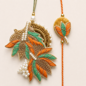 Orange Mint Leaf Cascade Bhai Bhabhi Rakhi Pair