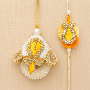 Yellow Pearl Paisley Bhai Bhabhi Rakhi Pair