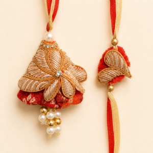 Red Gold Floral Leaf Bhai Bhabhi Rakhi Pair
