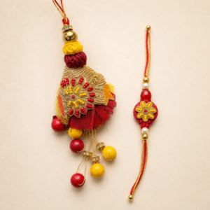 Maroon Yellow Floral Bhai Bhabhi Rakhi Pair