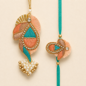 Peach Aqua Paisley Bhai Bhabhi Rakhi Pair