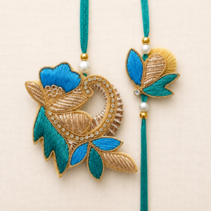 Blue Teal Paisley Leaf Bhai Bhabhi Rakhi Pair
