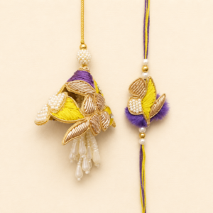 Yellow Purple Leaf Pearl Bhai Bhabhi Rakhi Pair