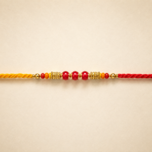 Red Orange Beaded Moli Rakhi with Gold Accents