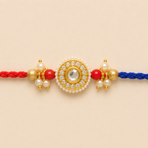Round Pearl Stone Moli Rakhi with Red Blue Thread