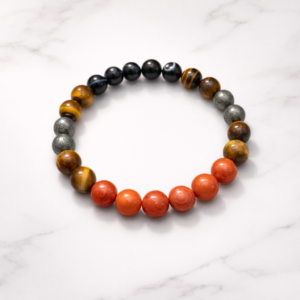 Nazar Shield Signature Edition healing bracelet featuring Black Agate, Tiger Eye, Pyrite and Red Jasper natural stones