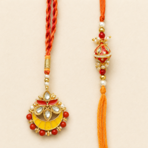 Festive Blessings Yellow Red Kundan Pair Rakhi