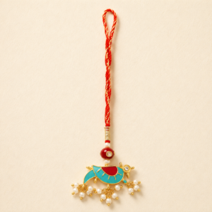 Festive Turquoise Red Peacock Charm Bhabhi Rakhi
